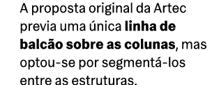 A proposta original da Artec previa uma nica linha de balc o sobre as colunas, mas optou se por segment  los entre a...