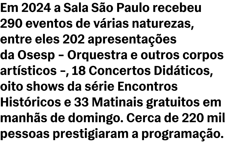 Em 2024 a Sala S o Paulo recebeu 290 eventos de v rias naturezas, entre eles 202 apresenta es da Osesp – Orquestra e...